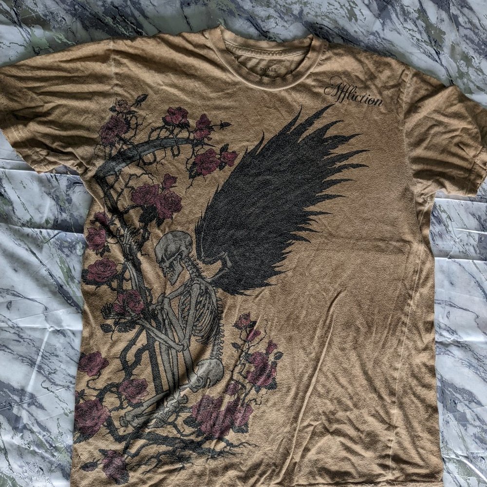 OG Vintage Affliction Shirt: Tan Skeleton Angel with Roses (small)